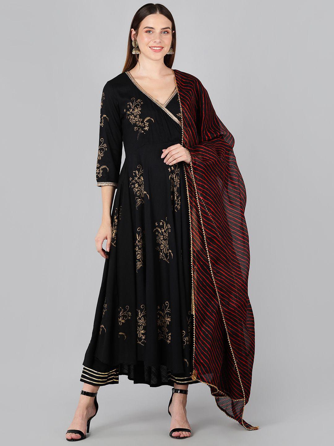 indi inside women black floral embroidered angrakha gotta patti kurti with trousers & with dupatta