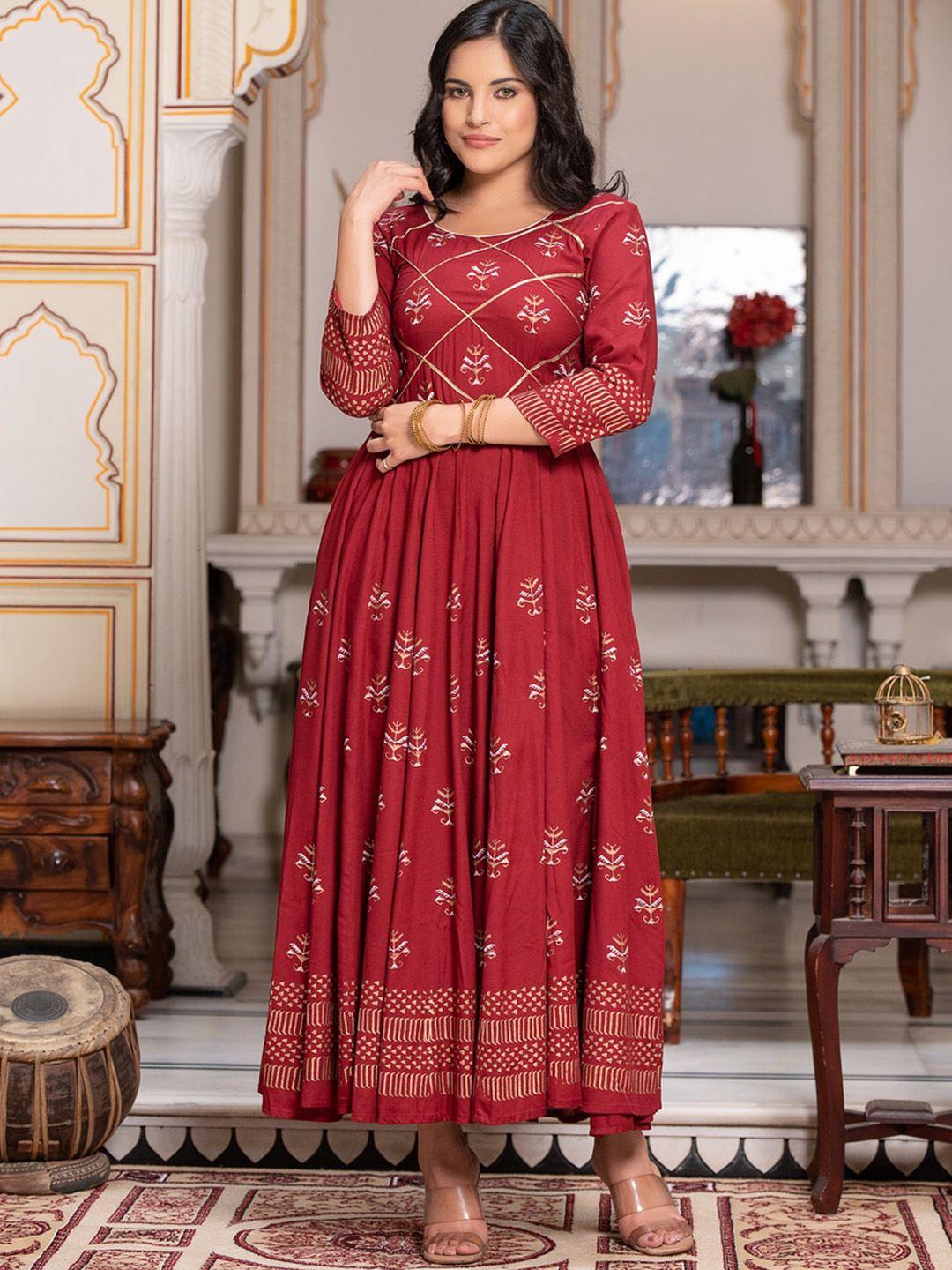 indi-inside-women-maroon-ethnic-motifs-printed-flared-sleeves-sequinned-block-print-anarkali-kurta
