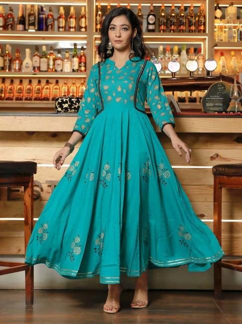 indi inside blue cotton printed anarkali kurta