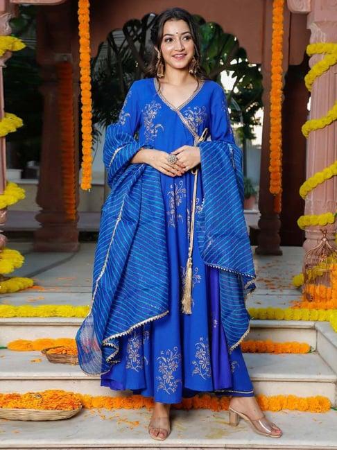 indi inside blue printed kurta pant set with dupatta