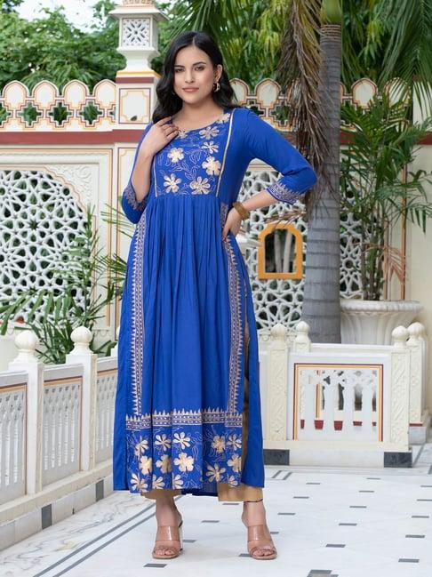 indi inside blue rayon block print a line kurta