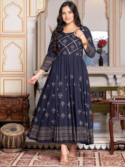 indi inside blue rayon block print anarkali kurta