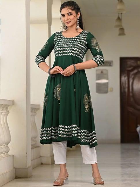 indi inside bottle green printed anarkali kurta