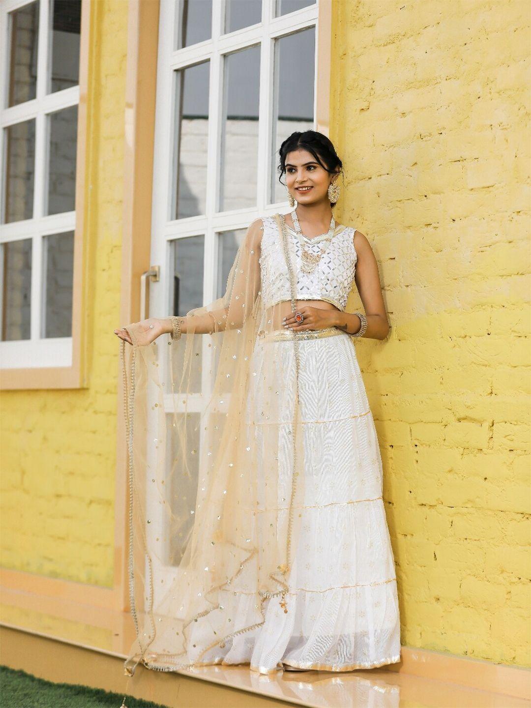 indi inside embellished foil print ready to wear lehenga & unstitched blouse with dupatta