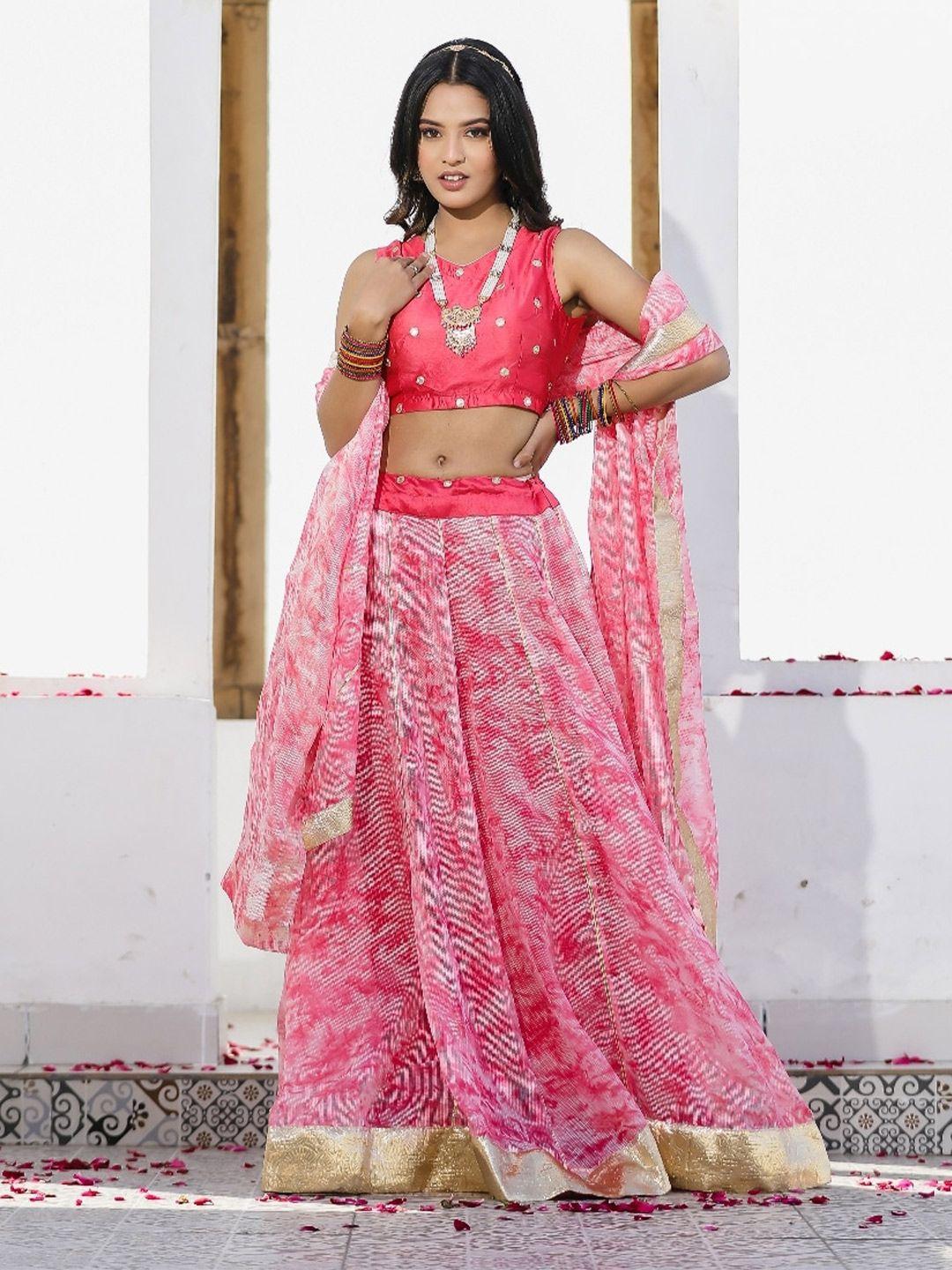 indi inside embroidered tie and dye ready to wear lehenga & unstitched blouse with dupatta