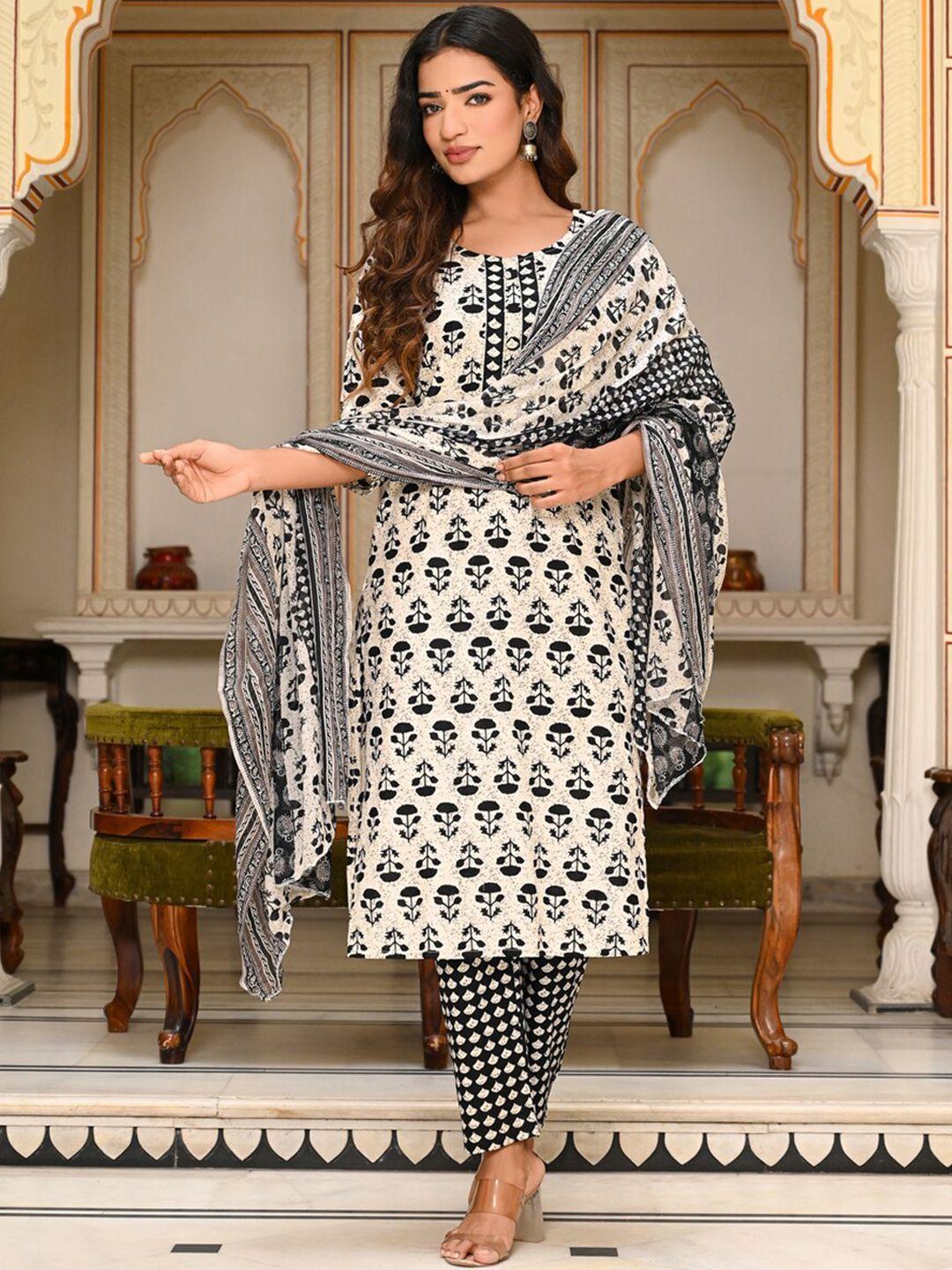 indi inside ethnic motifs printed pure cotton straight kurta & trousers with dupatta