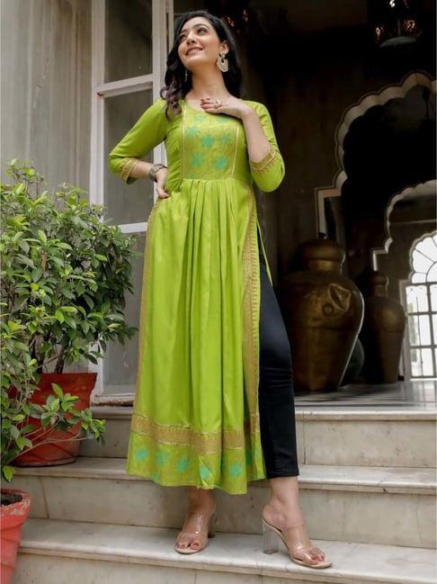 indi inside green cotton printed a line kurta