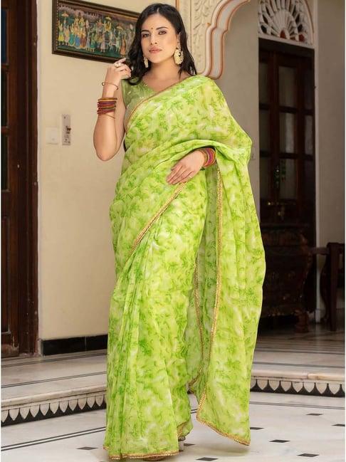 indi inside green printed saree with unstitched blouse