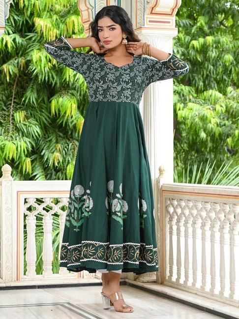 indi inside green rayon block print anarkali kurta