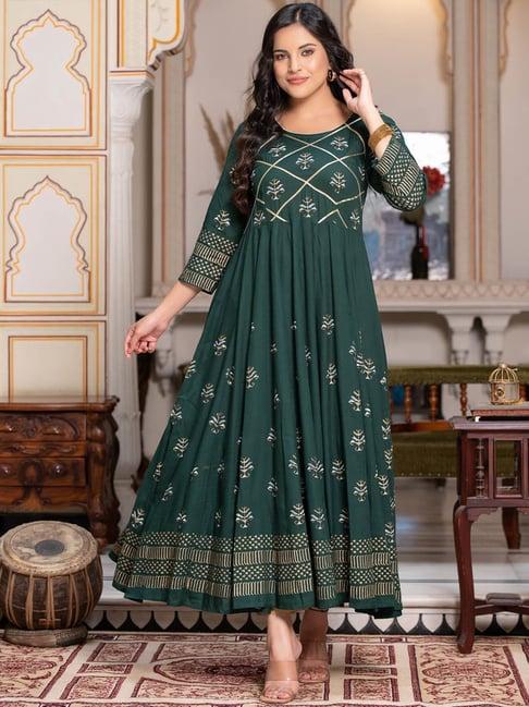 indi inside green rayon block print anarkali kurta