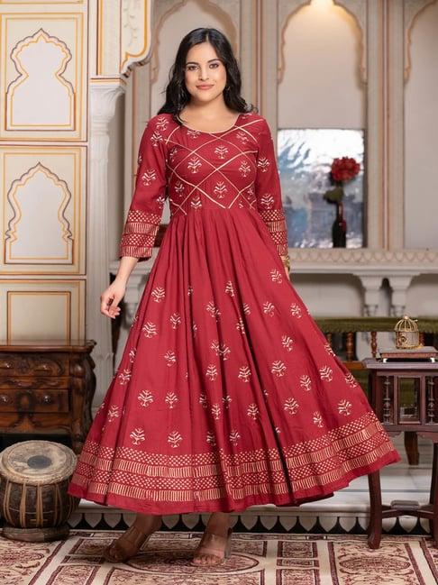 indi inside maroon rayon block print anarkali kurta