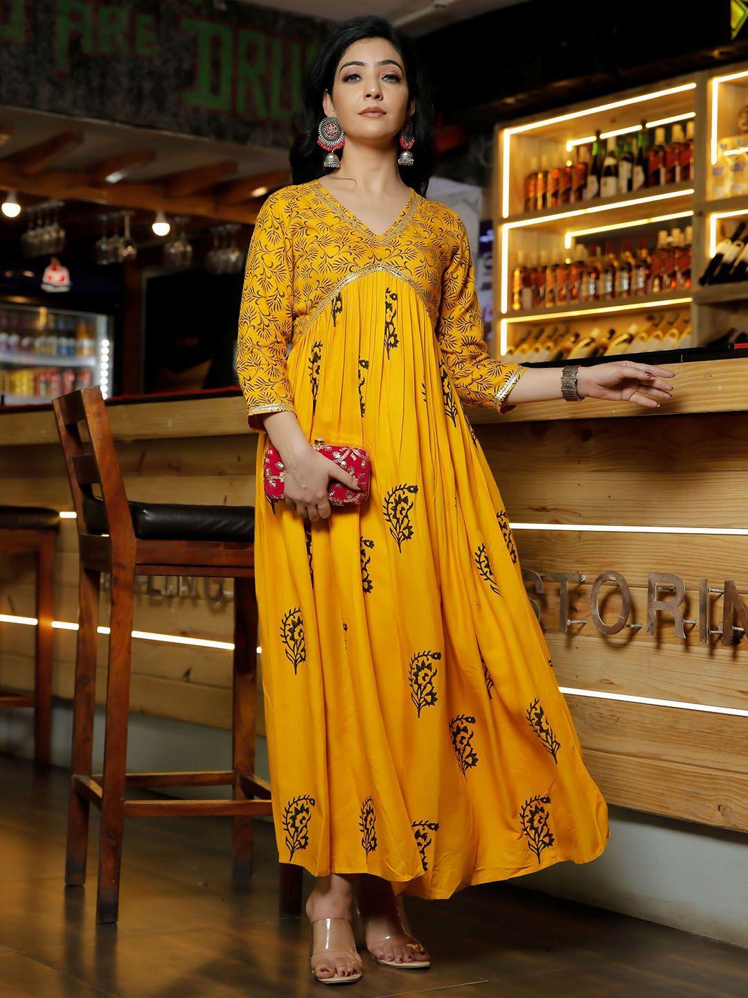 indi inside mustard yellow floral ethnic a-line maxi dress