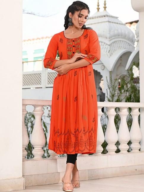 indi inside orange printed a line kurta