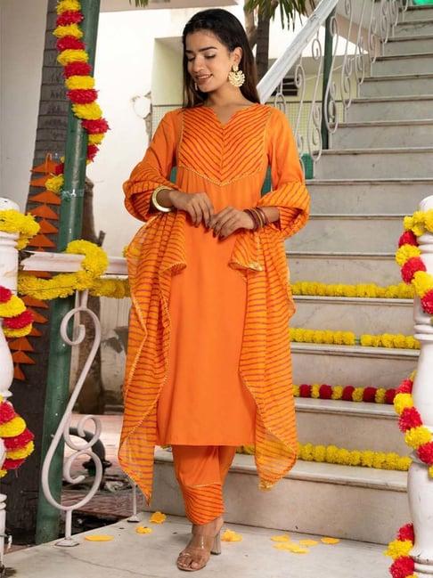 indi inside orange printed kurta pant set with dupatta