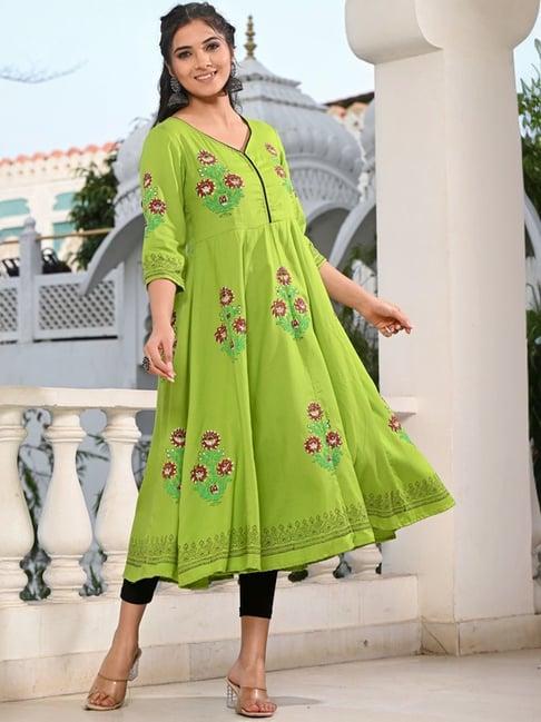 indi inside parrot green floral print anarkali kurta