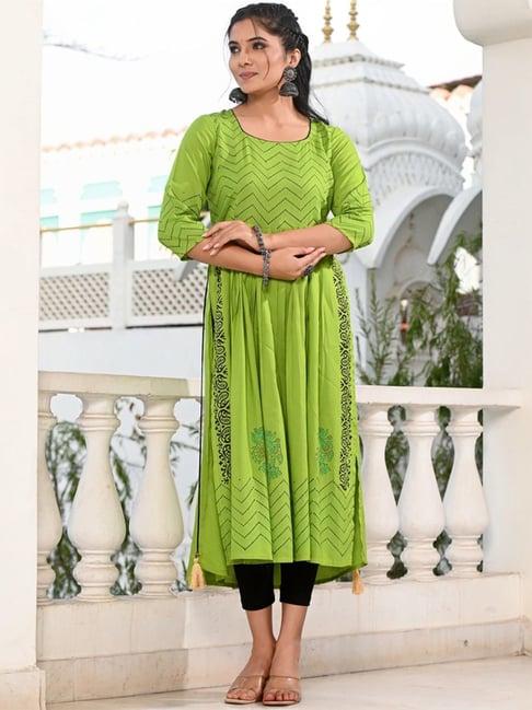 indi inside parrot green printed a line kurta