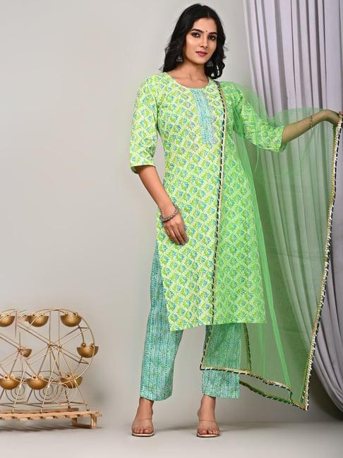 indi inside parrot green printed kurta with pant & dupatta