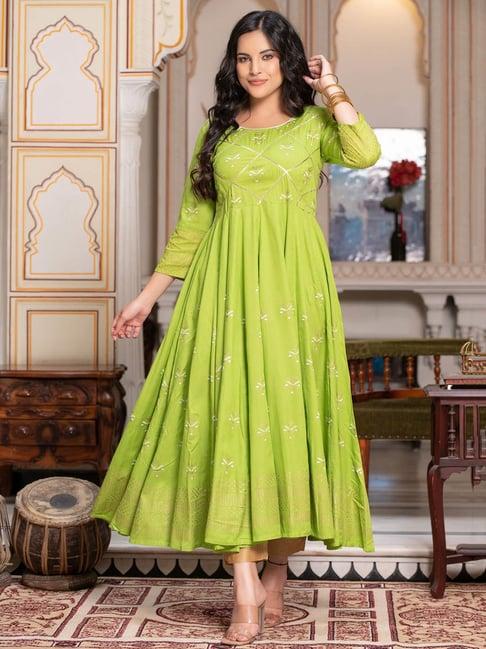 indi inside parrot green rayon block print anarkali kurta