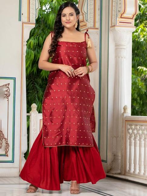 indi inside red silk embellished kurta sharara set