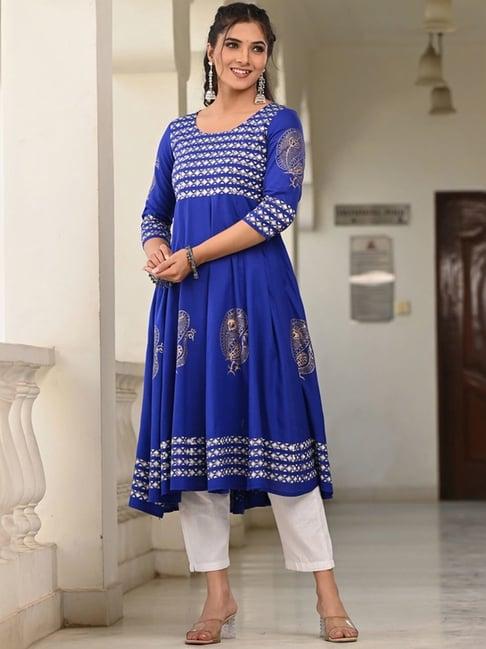 indi inside royal blue printed anarkali kurta