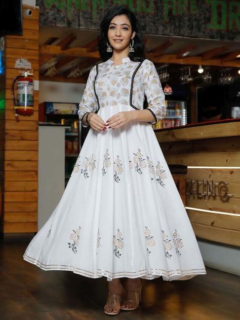 indi inside white cotton printed anarkali kurta