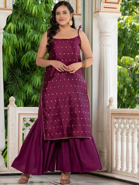 indi inside wine silk embellished kurta sharara set