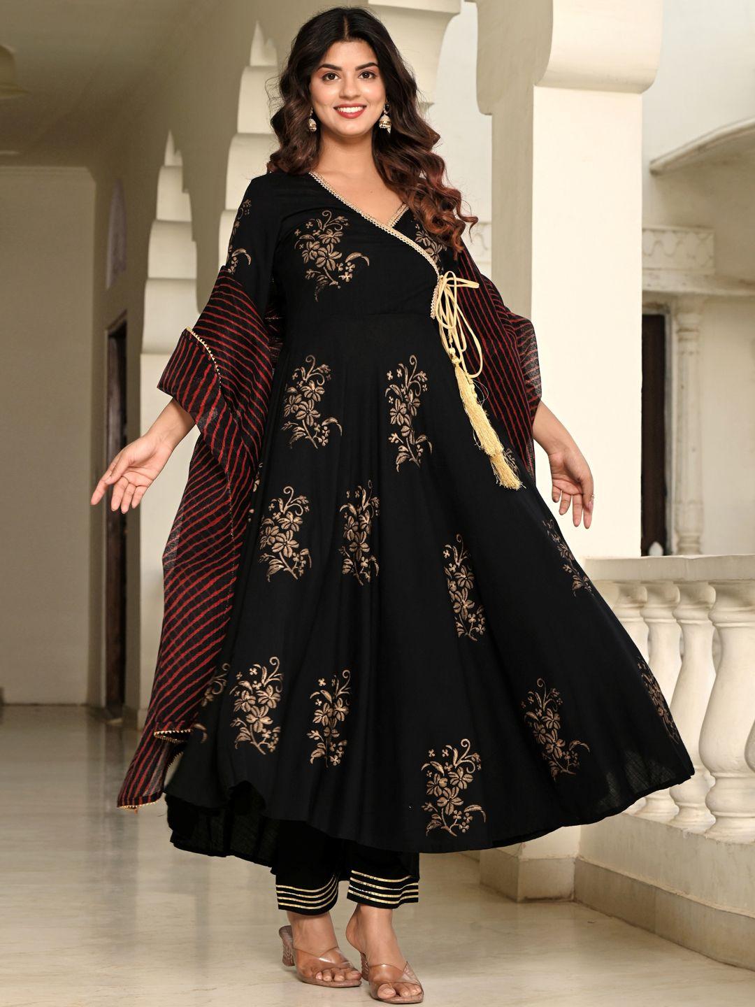 indi inside women black floral printed angrakha gotta patti kurta with trousers & with dupatta