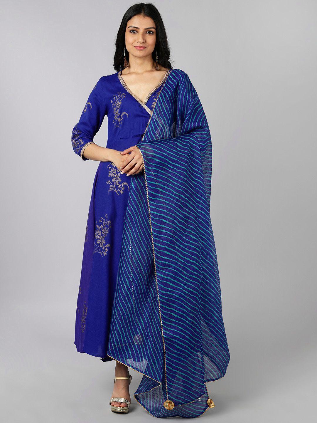 indi inside women blue ethnic motifs angrakha gotta patti kurta with trousers & with dupatta