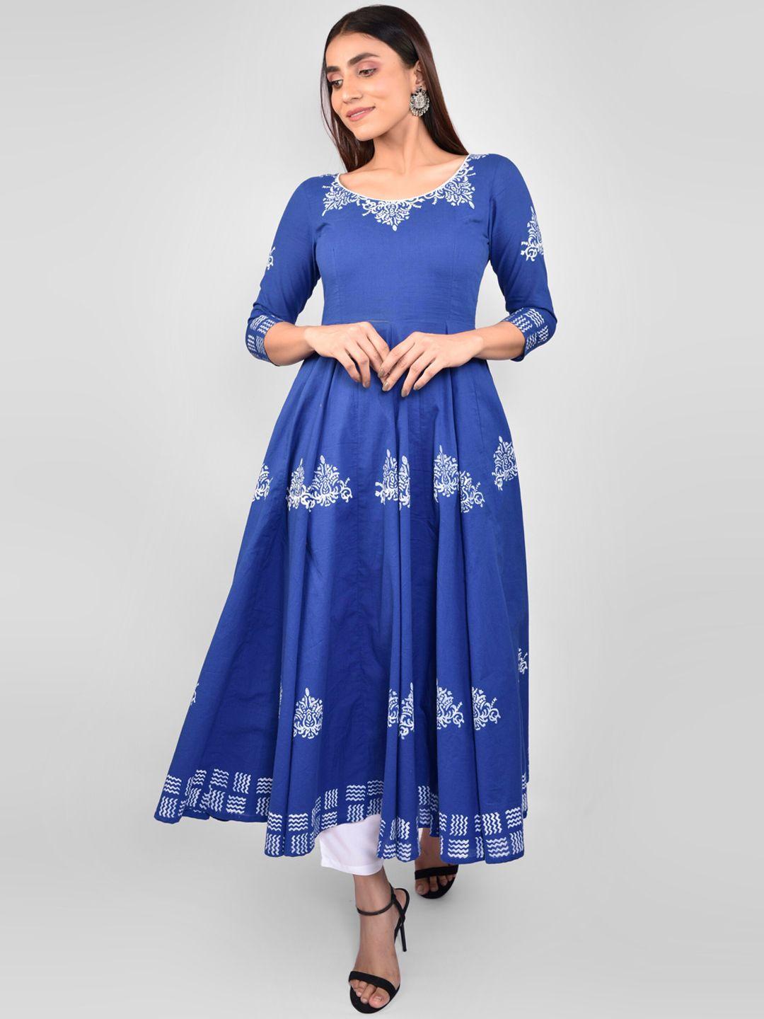 indi inside women blue ethnic motifs block printed anarkali kurta