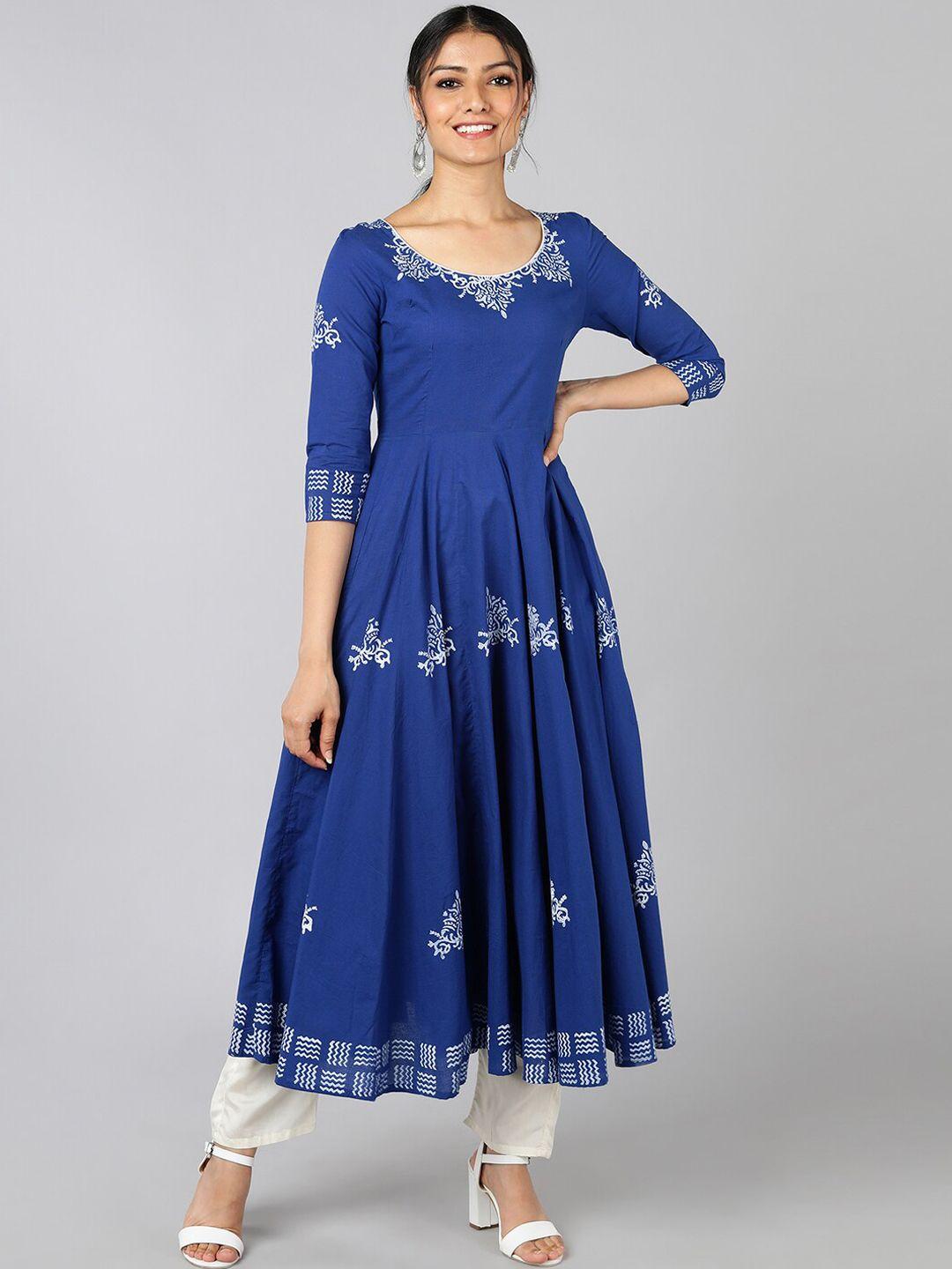 indi inside women blue ethnic motifs block printed anarkali kurta