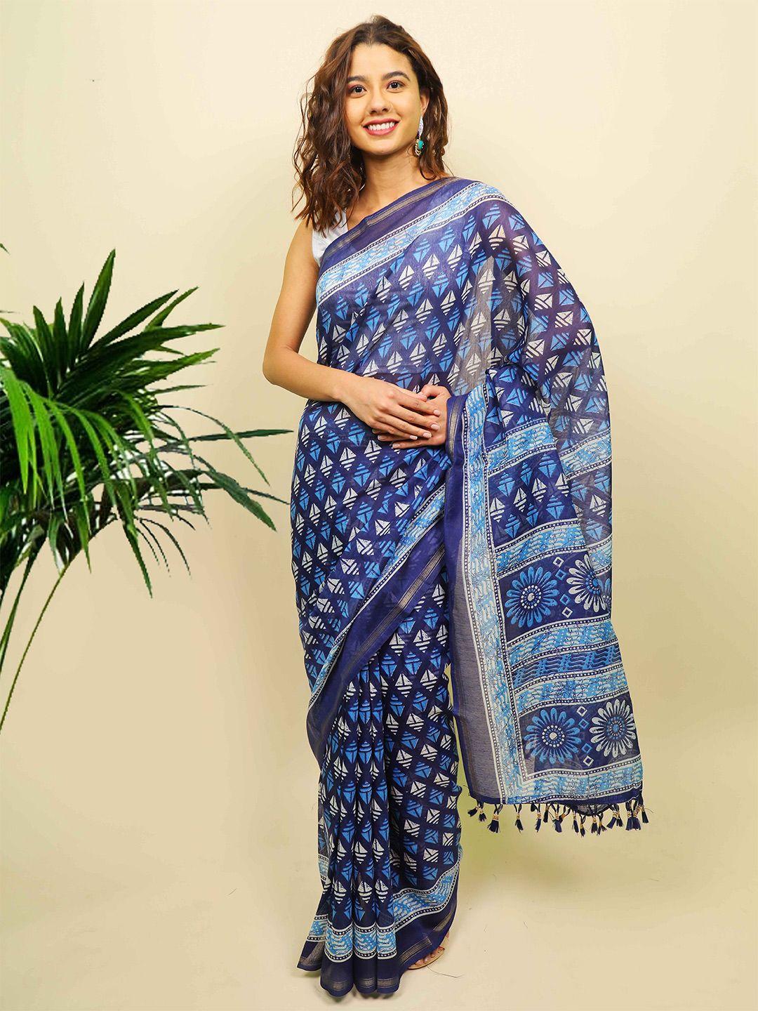 indi inside women blue geometric printed saree