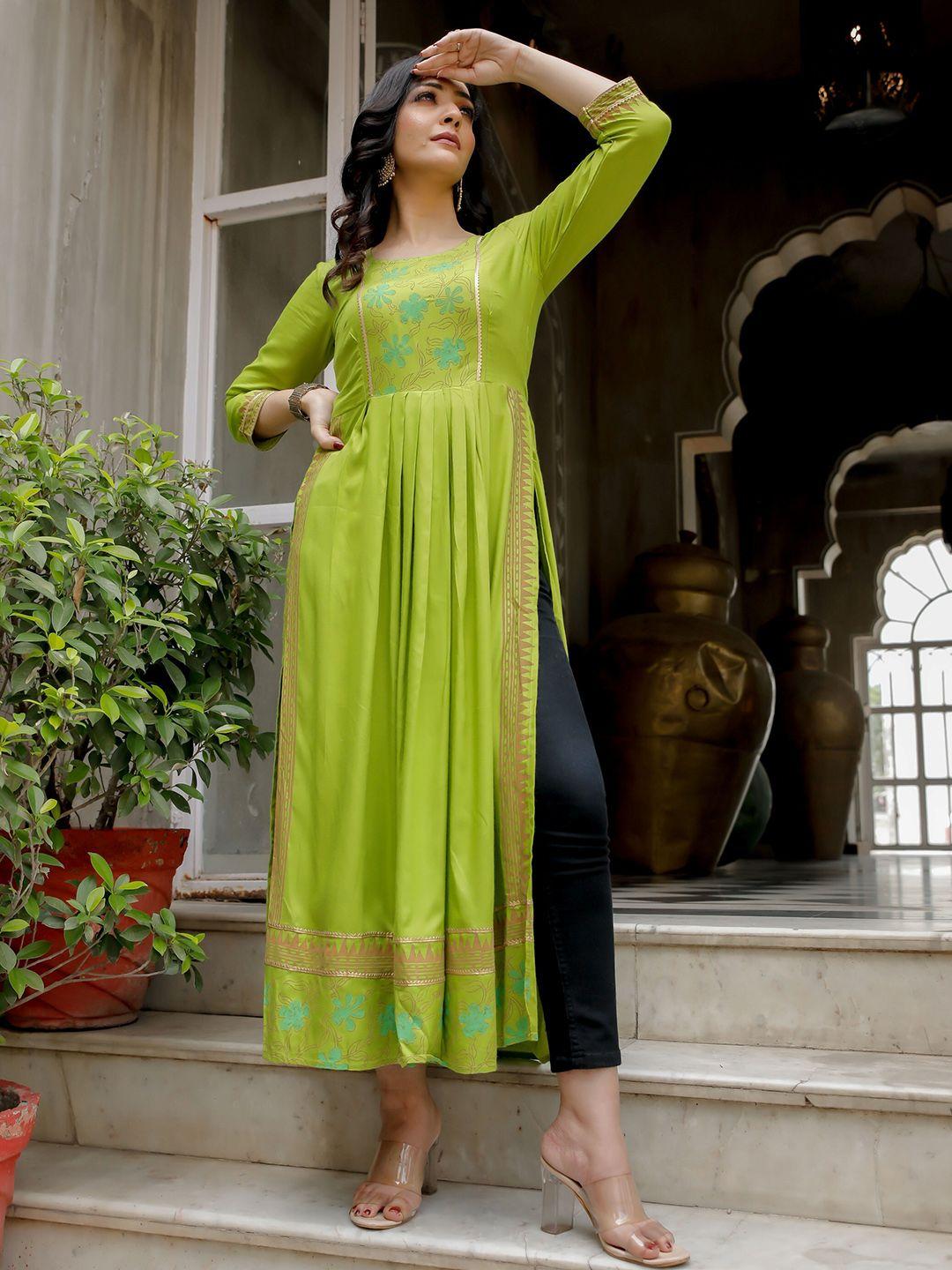 indi inside women green ethnic motifs printed a-line kurta