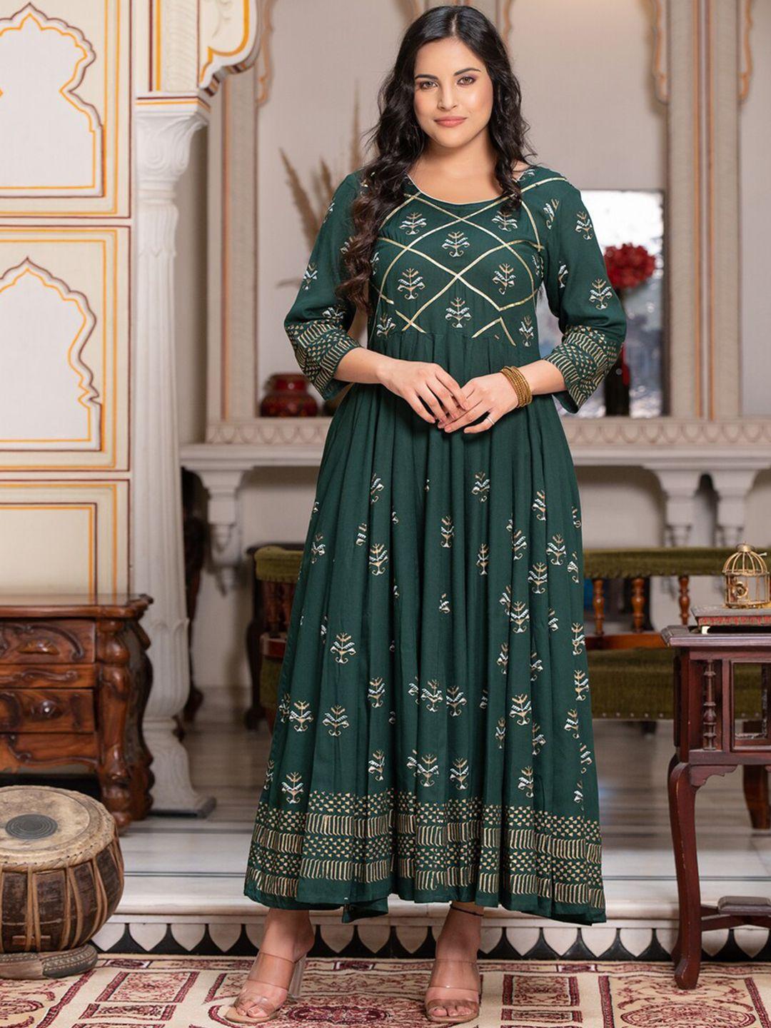 indi inside women green ethnic motifs printed block print anarkali kurta