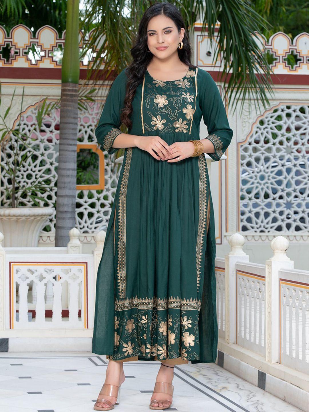 indi inside women green striped keyhole neck thread work anarkali kurta