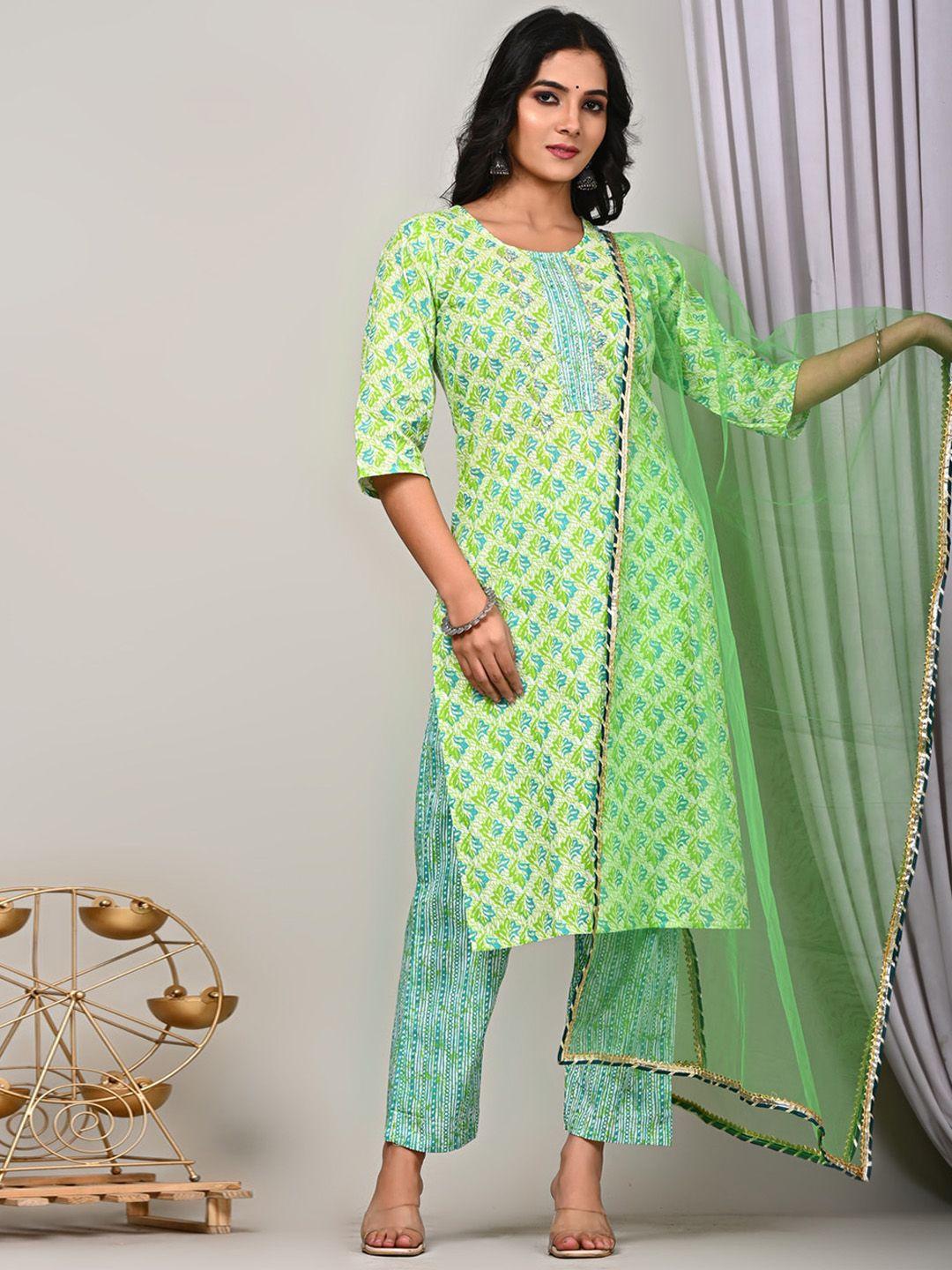 indi inside women lime green floral printed regular beads and stones pure cotton kurta with trousers & with