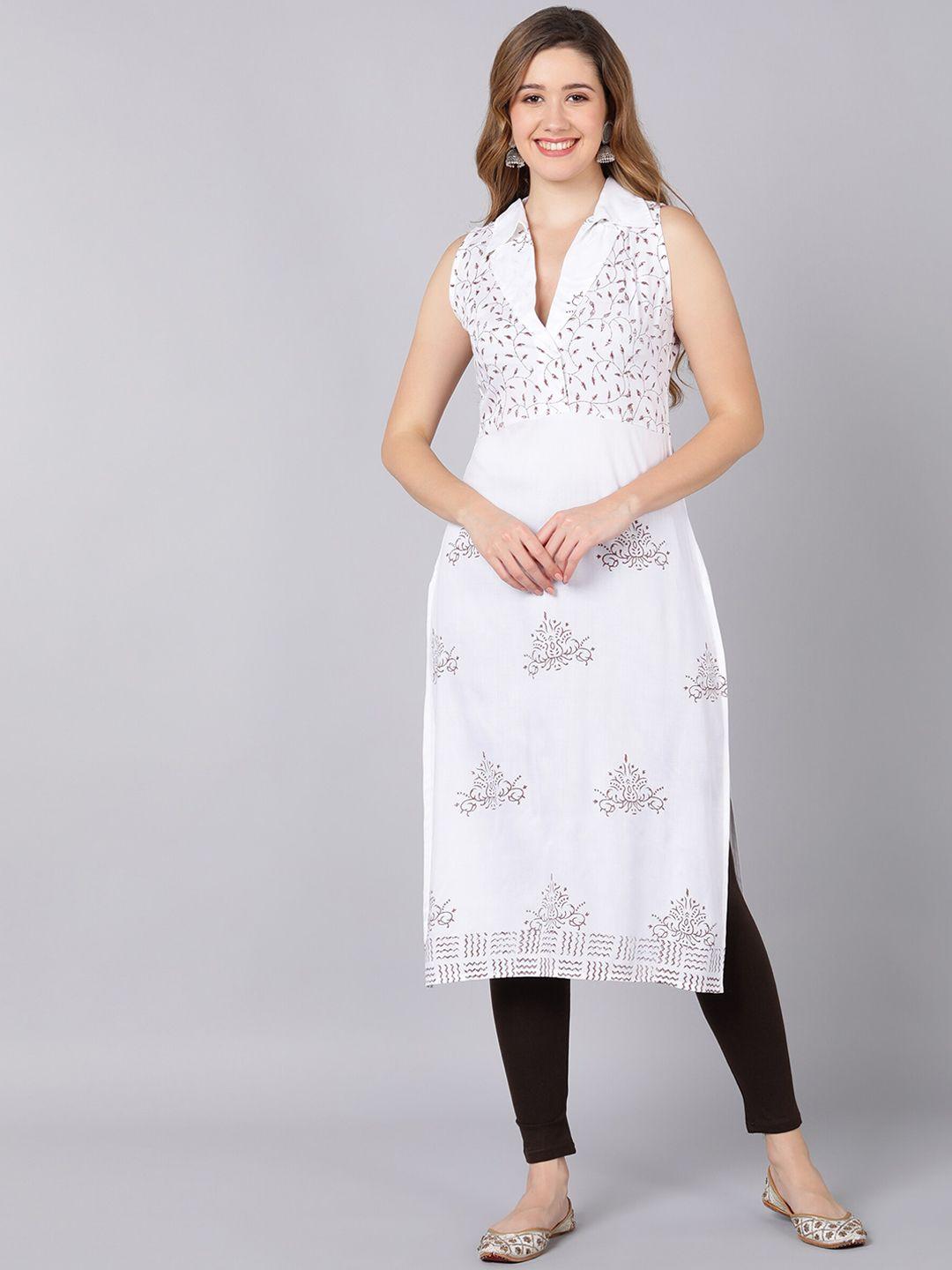 indi inside women white floral block print kurta