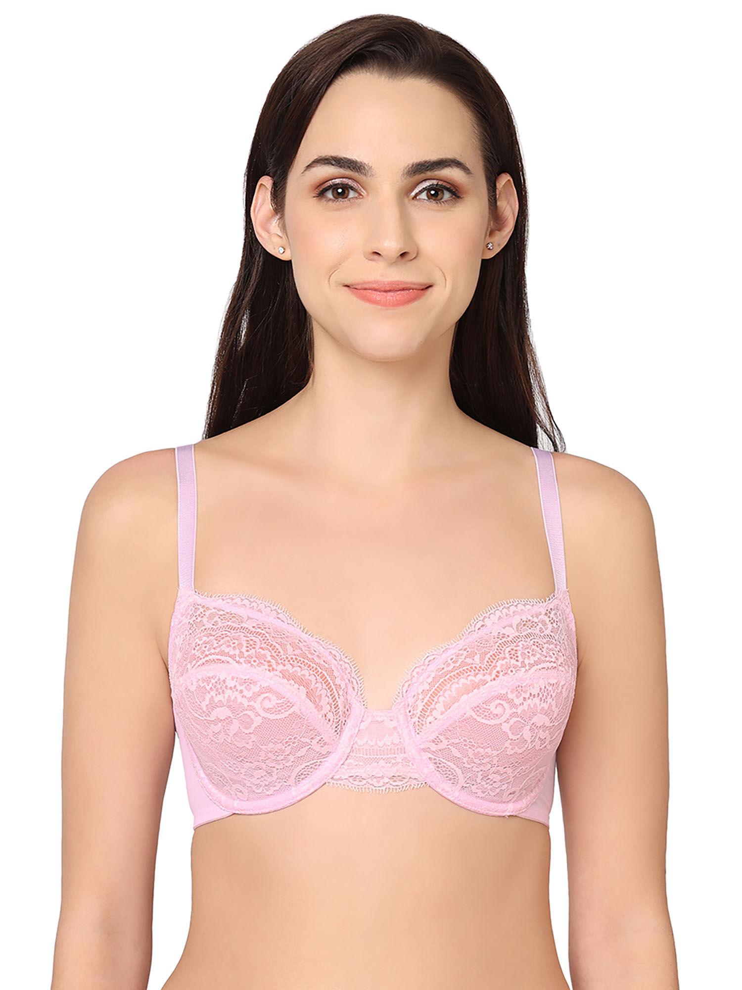 india essential lace non-padded wired medium coverage 3/4th cup fashion bra pink