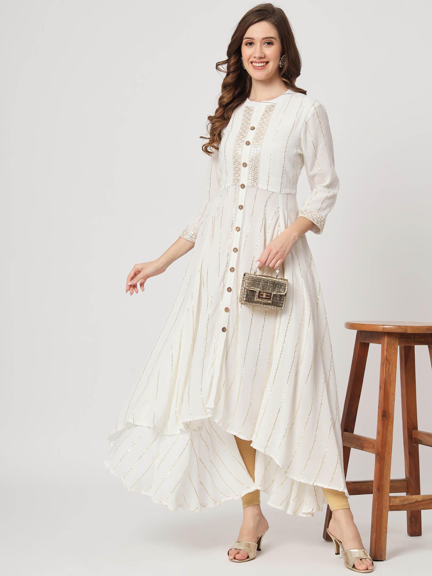 india ethnic wear women's viscose crap with lurex embroidered asymmetric gown ivory