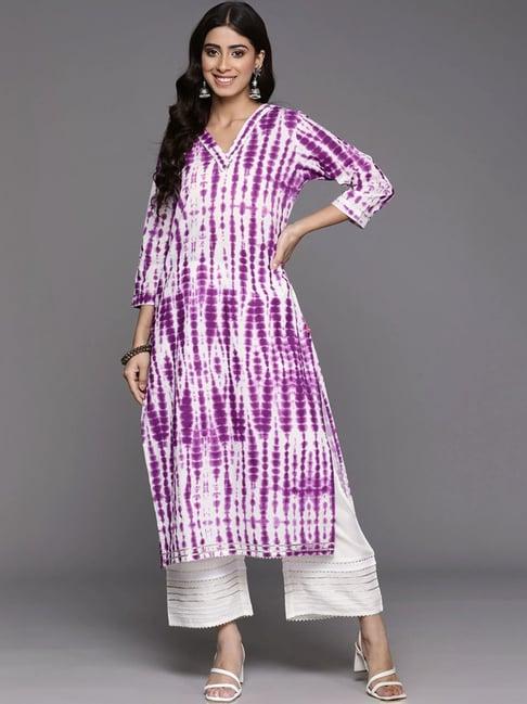 india white & purple cotton printed straight kurta