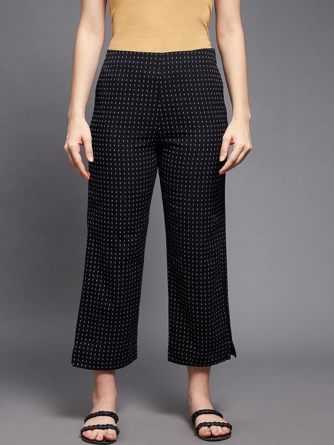 indian dobby women black printed straight fit cotton trousers