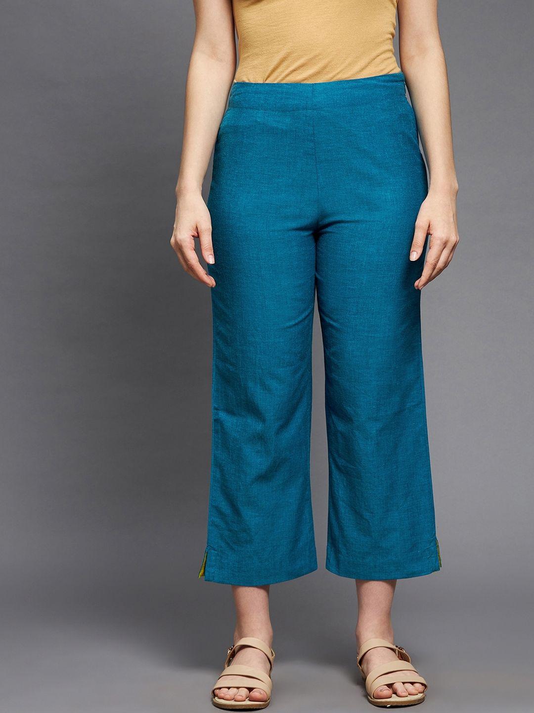 indian dobby women blue straight fit trousers