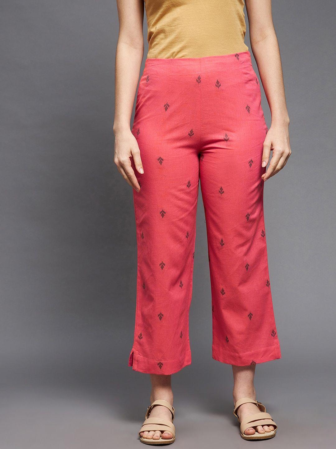 indian dobby women pink floral straight fit trousers