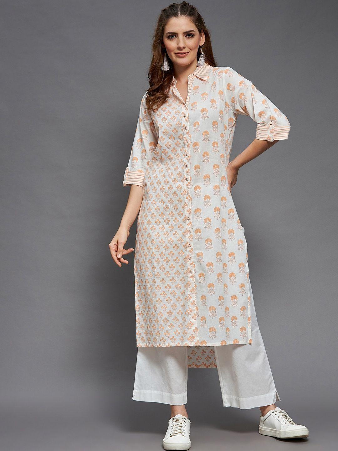 indian dobby women white & peach-coloured floral printed flared sleeves block print pakistani style kurta