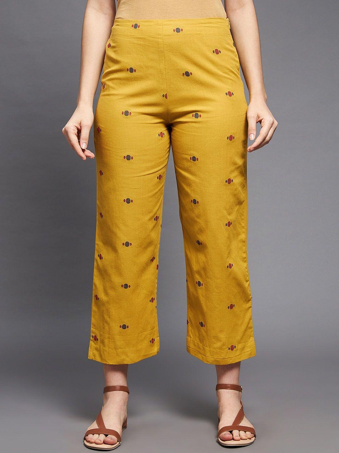 indian dobby women yellow straight fit cotton trousers