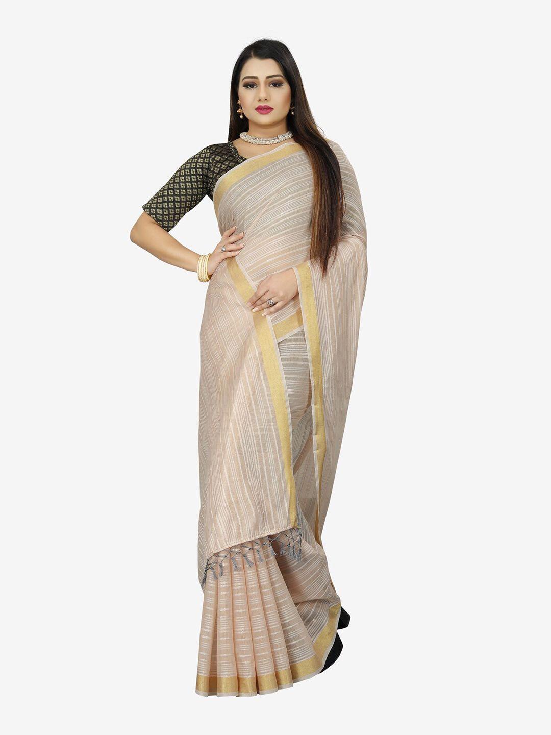indian fashionista beige & gold-toned striped zari  baluchari saree