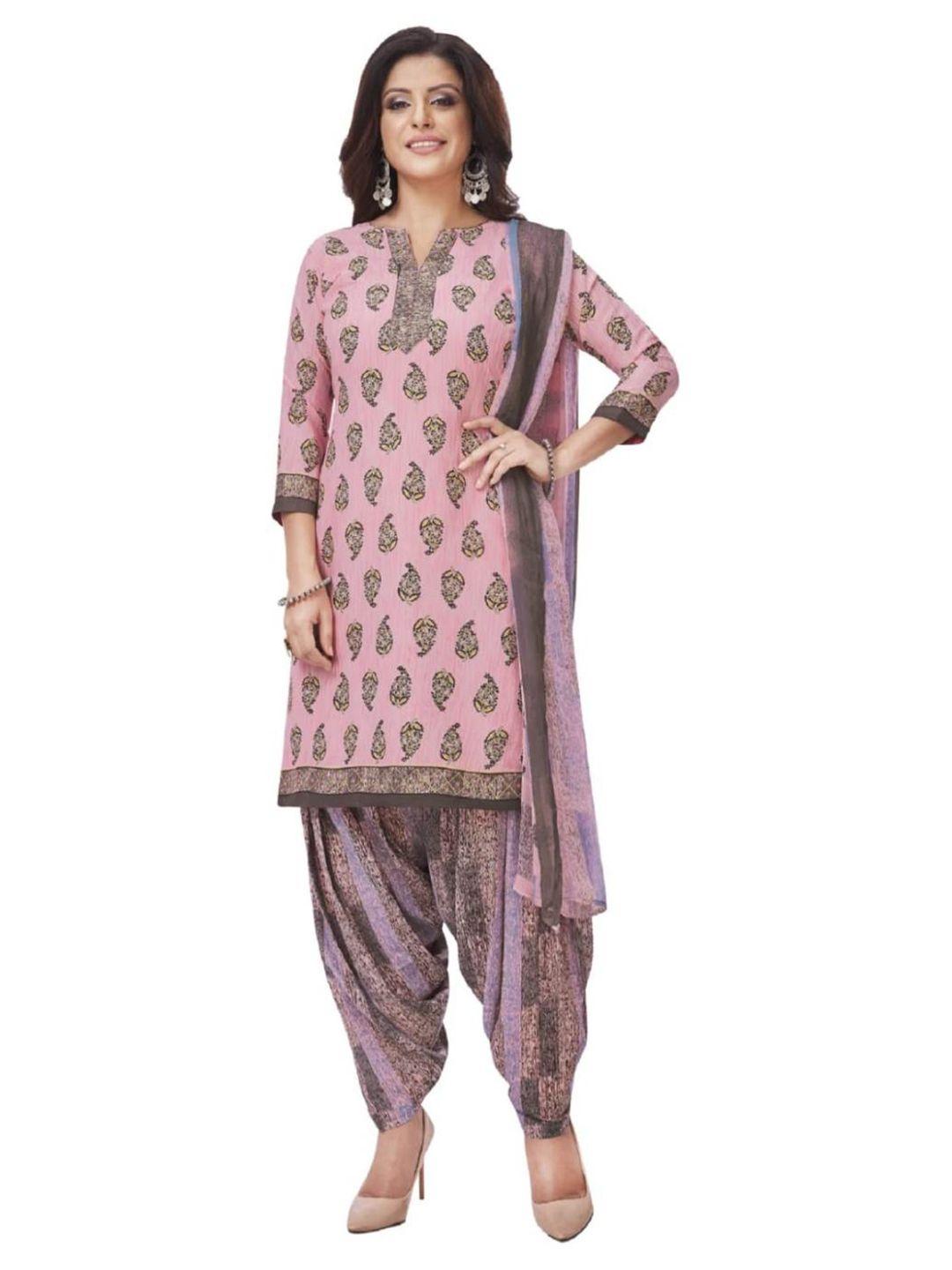 indian heritage women pink & grey printed unstitched dress material