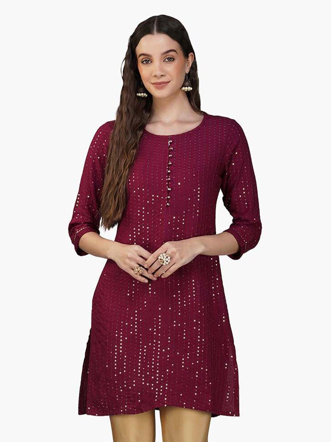 indian knots round neck sequinned straight kurti