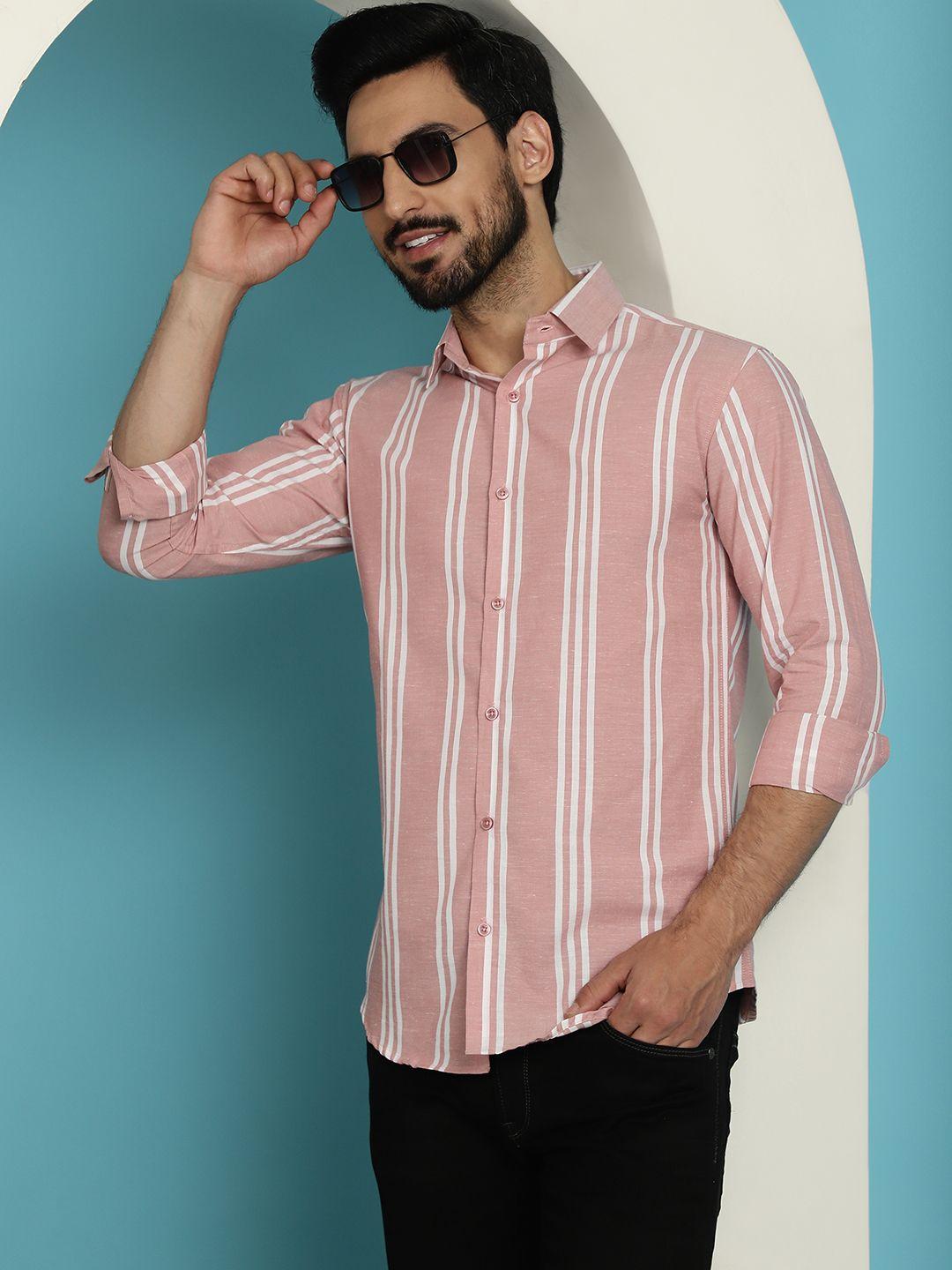 indian needle classic striped spread collar cotton casual shirt