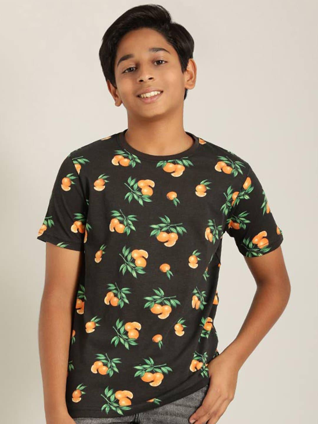 indian terrain boys black floral printed henley neck drop-shoulder sleeves pockets t-shirt