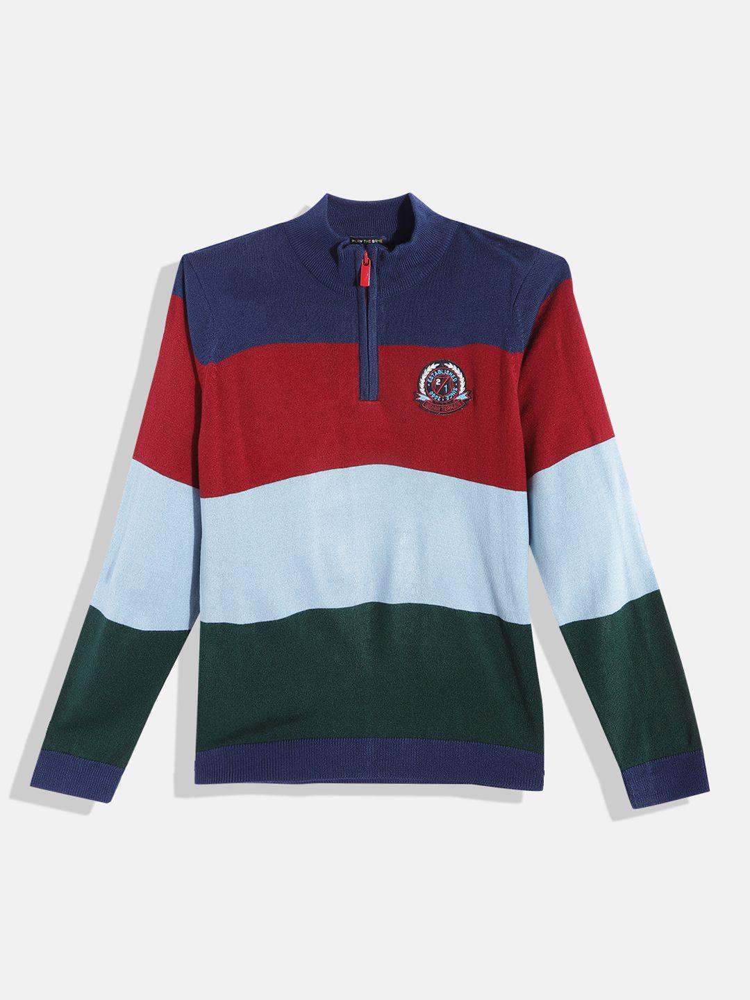 indian terrain boys blue & red striped pullover with applique detail